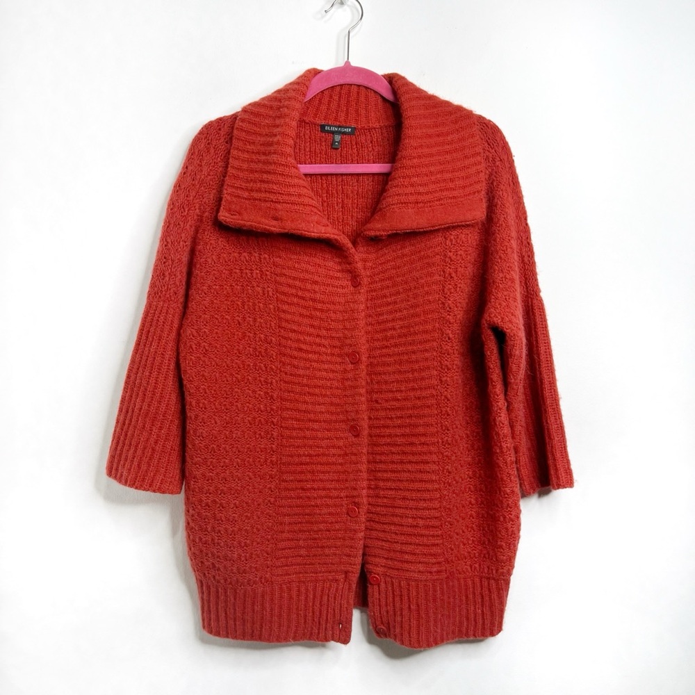 Eileen Fisher 3/4 Sleeve Wool Alpaca Blend Button Front Sweater Rust Size M